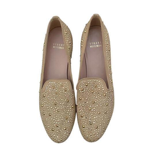 Stuart Weitzman Slipbeads Beige Blush Suede Gold Studded Loafer Flats size 7.5 - Picture 10 of 11